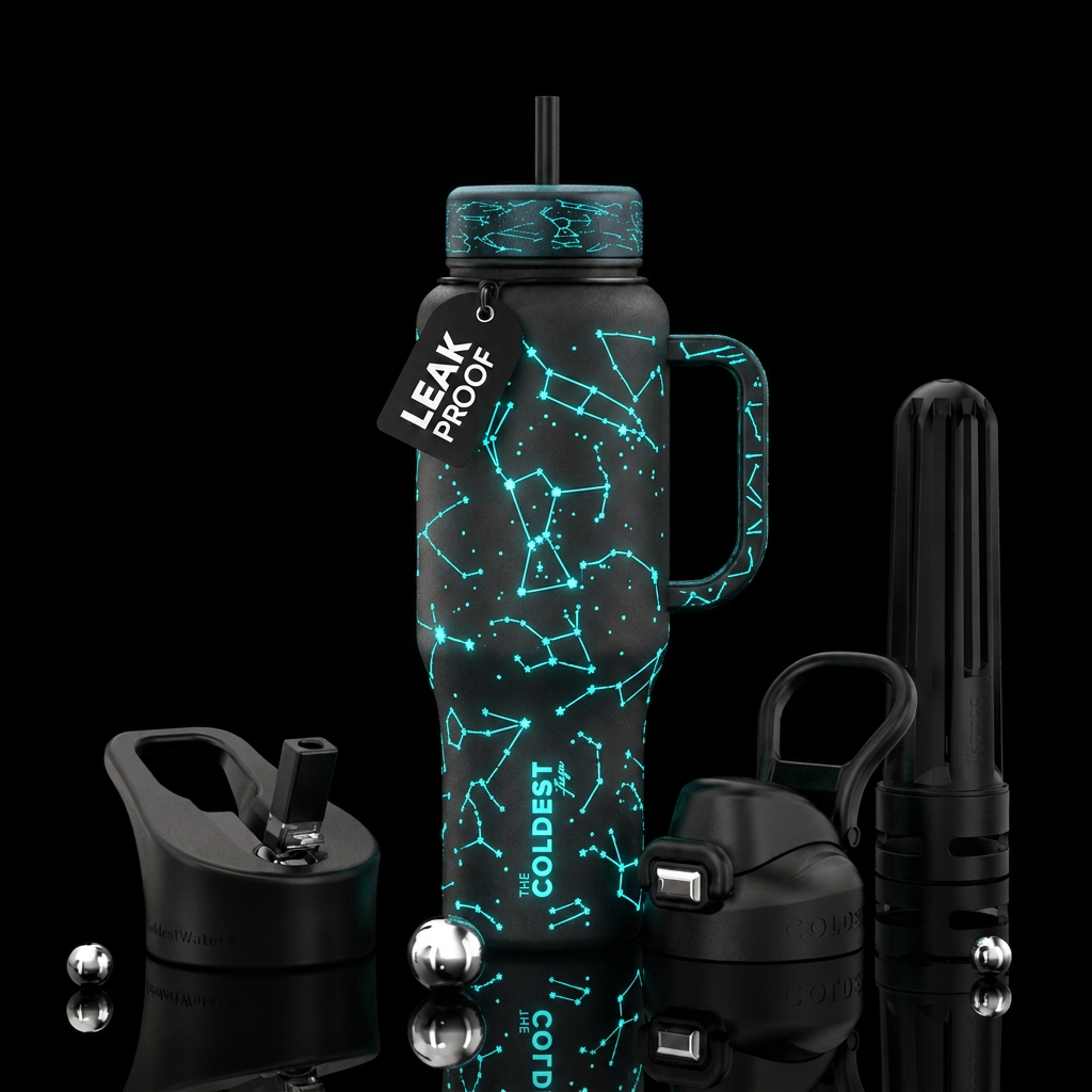 Black tumbler with handle drawn constellations tha... water bottle design