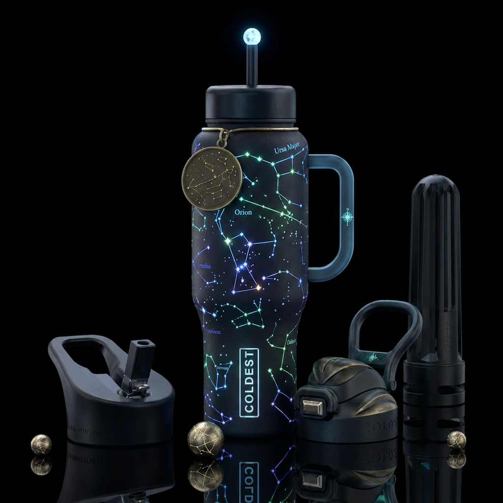 Black tumbler with handle drawn constellations tha... water bottle design