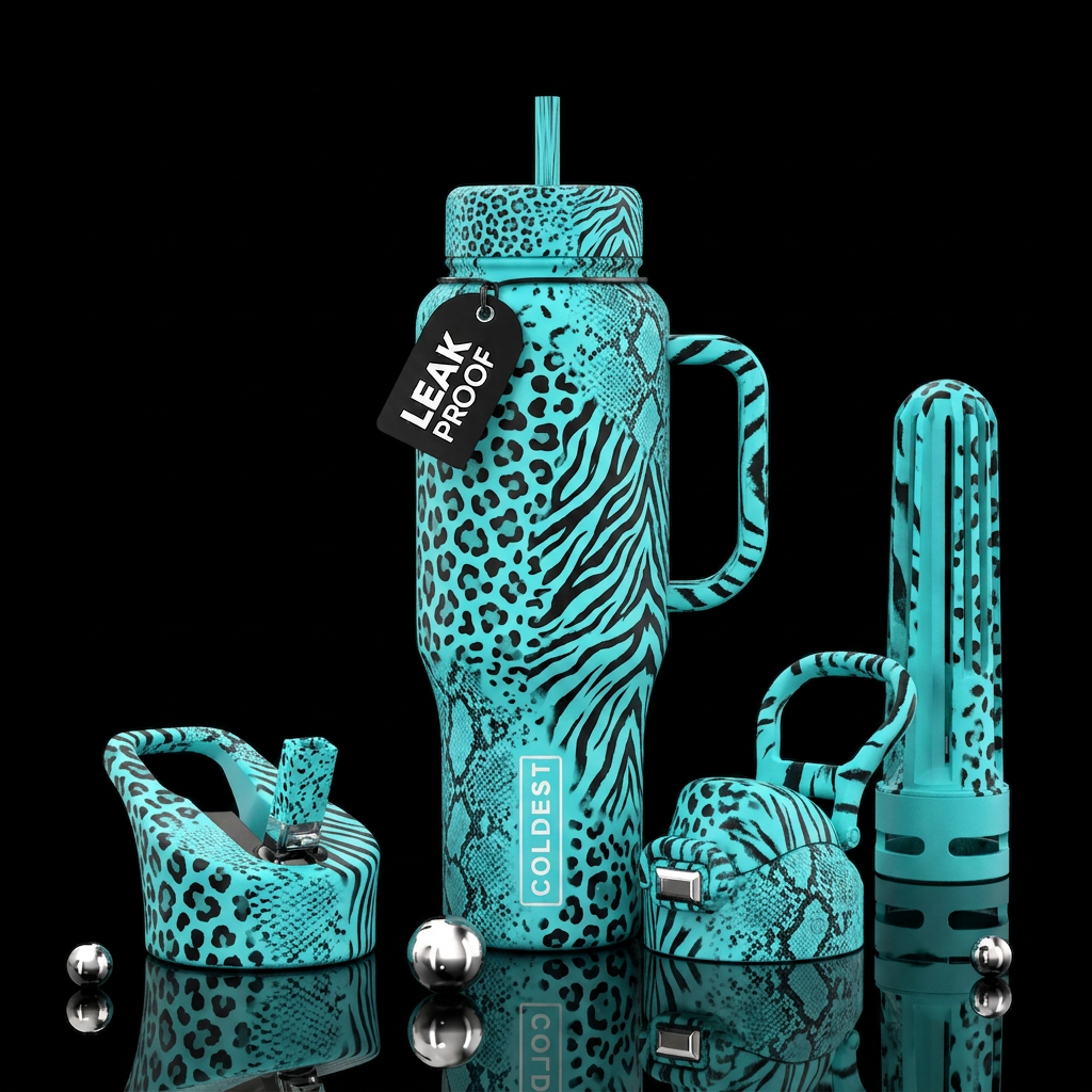 Turquoise bottle, different animal prints with dif... water bottle design