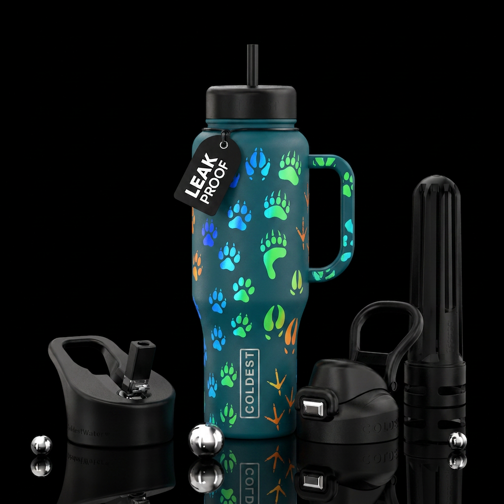 dark turquoise tumbler, different animal foot prin... water bottle design