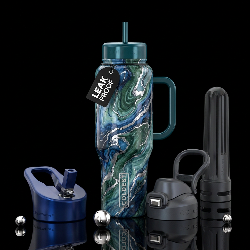 marble with blue, green and silver water bottle design