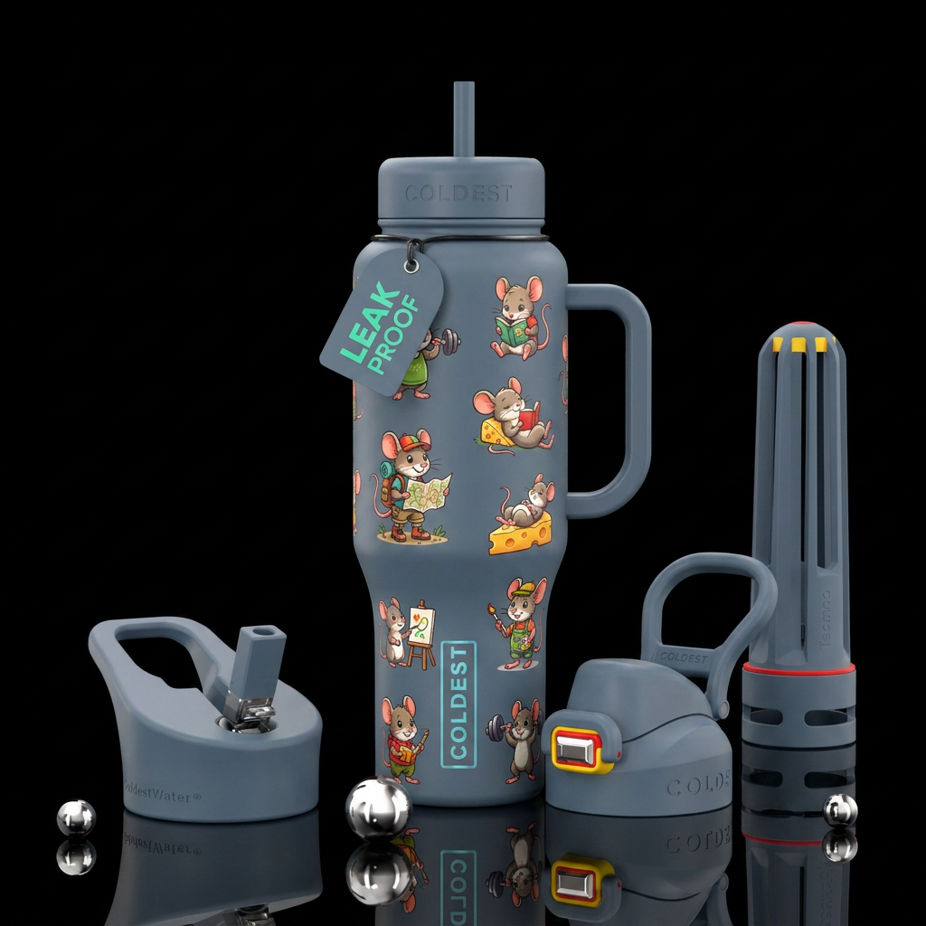 grayish blue bottle with cartoon mice evenly space... water bottle design