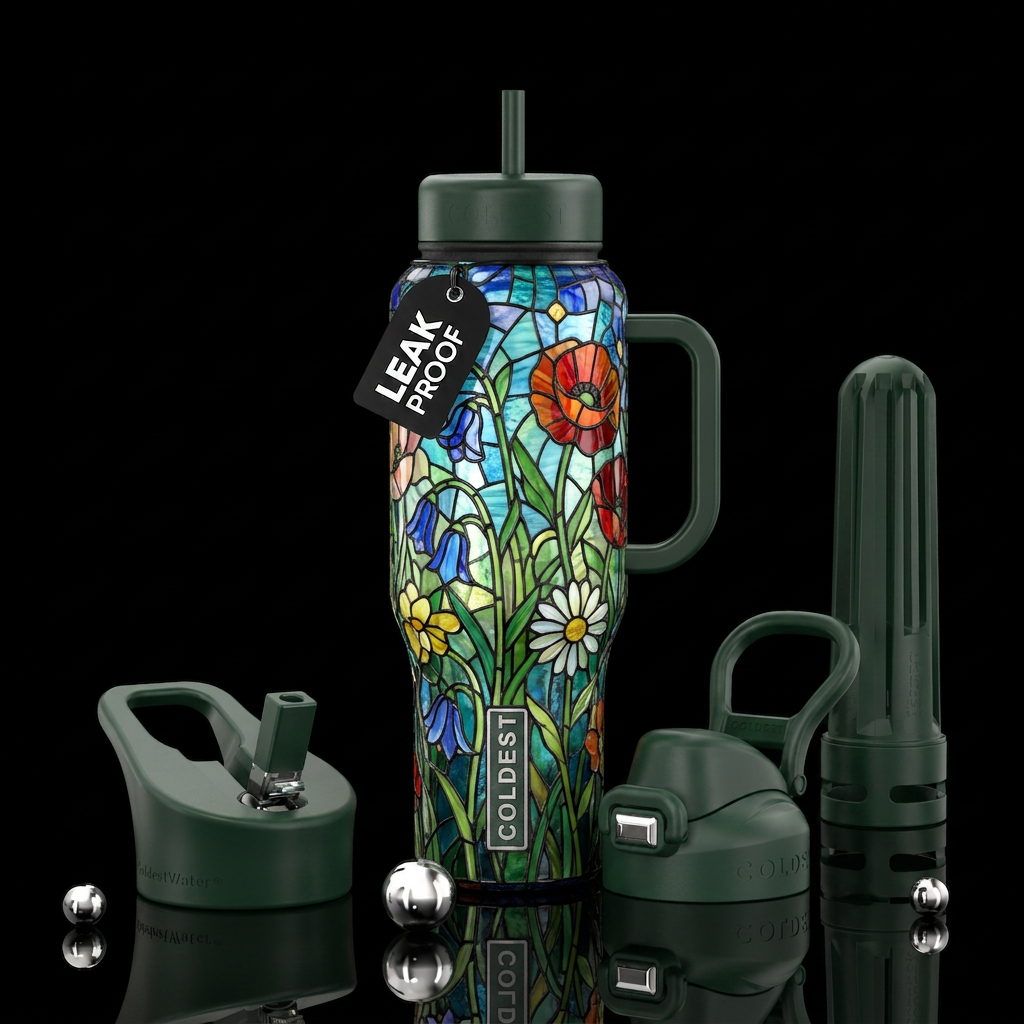 meadow in stain glass style water bottle design
