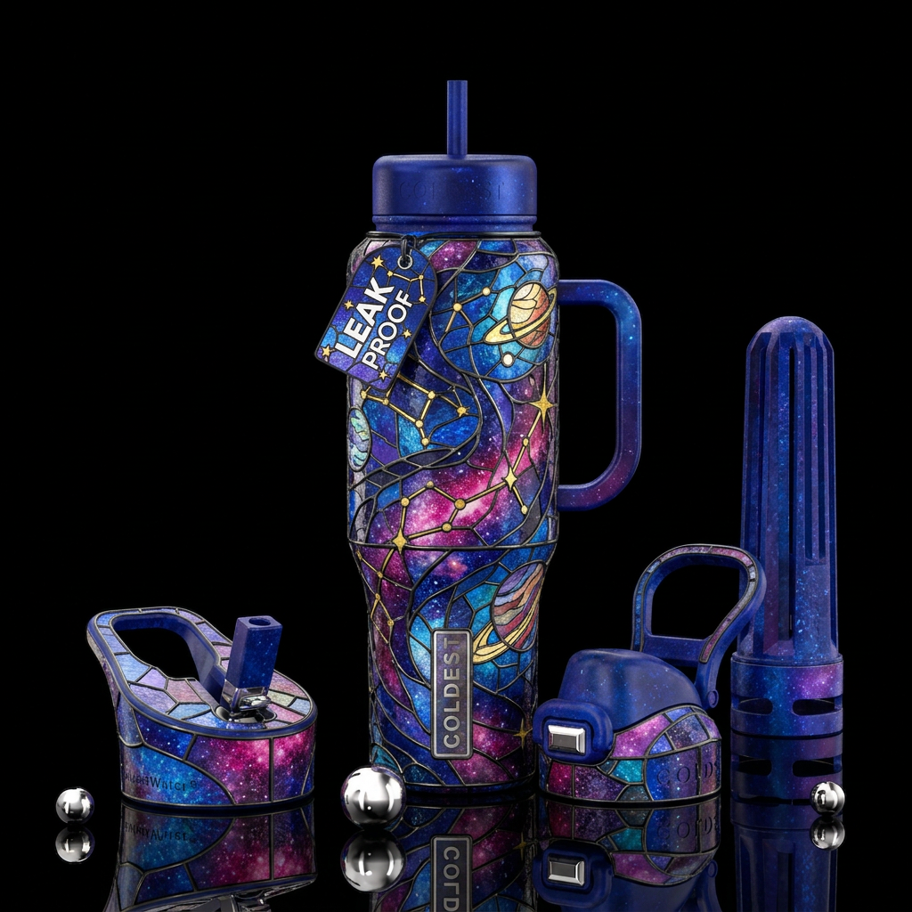 space in stain glass style water bottle design