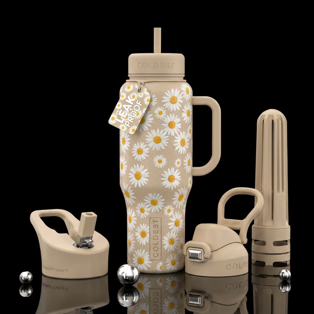 field of daisies on a beige bottle water bottle design