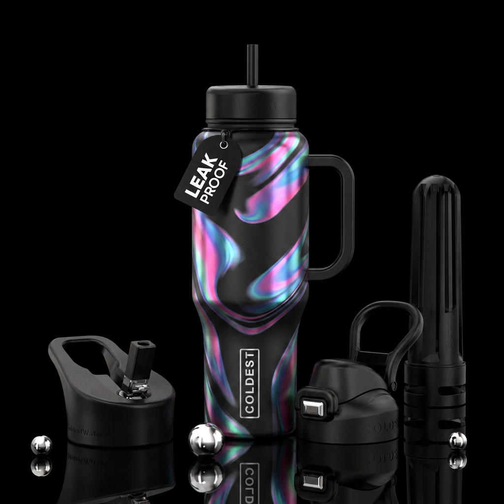 matte black bottle with shiny aroura lights water bottle design