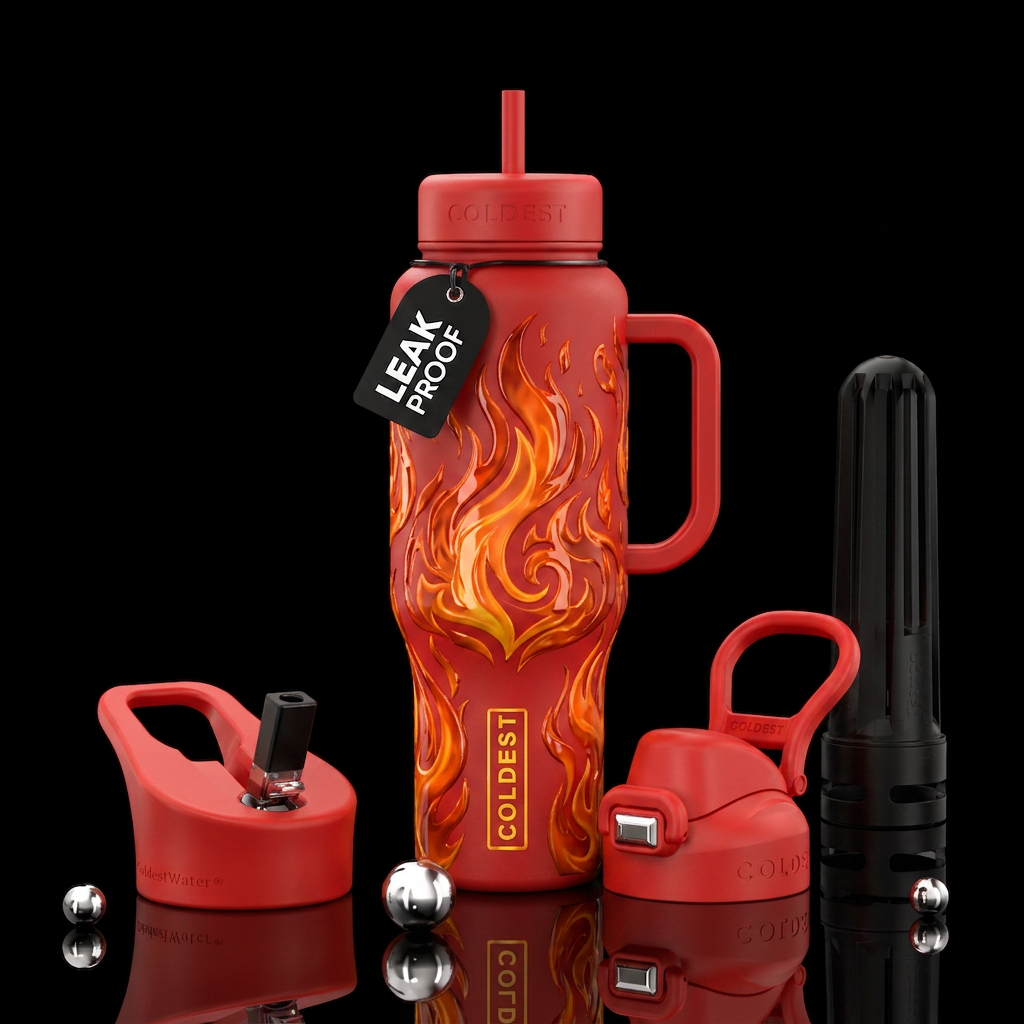 flat red bottle with glossy flame like decals water bottle design