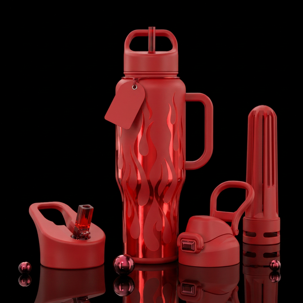 flat red bottle with glossy red flame like decals water bottle design