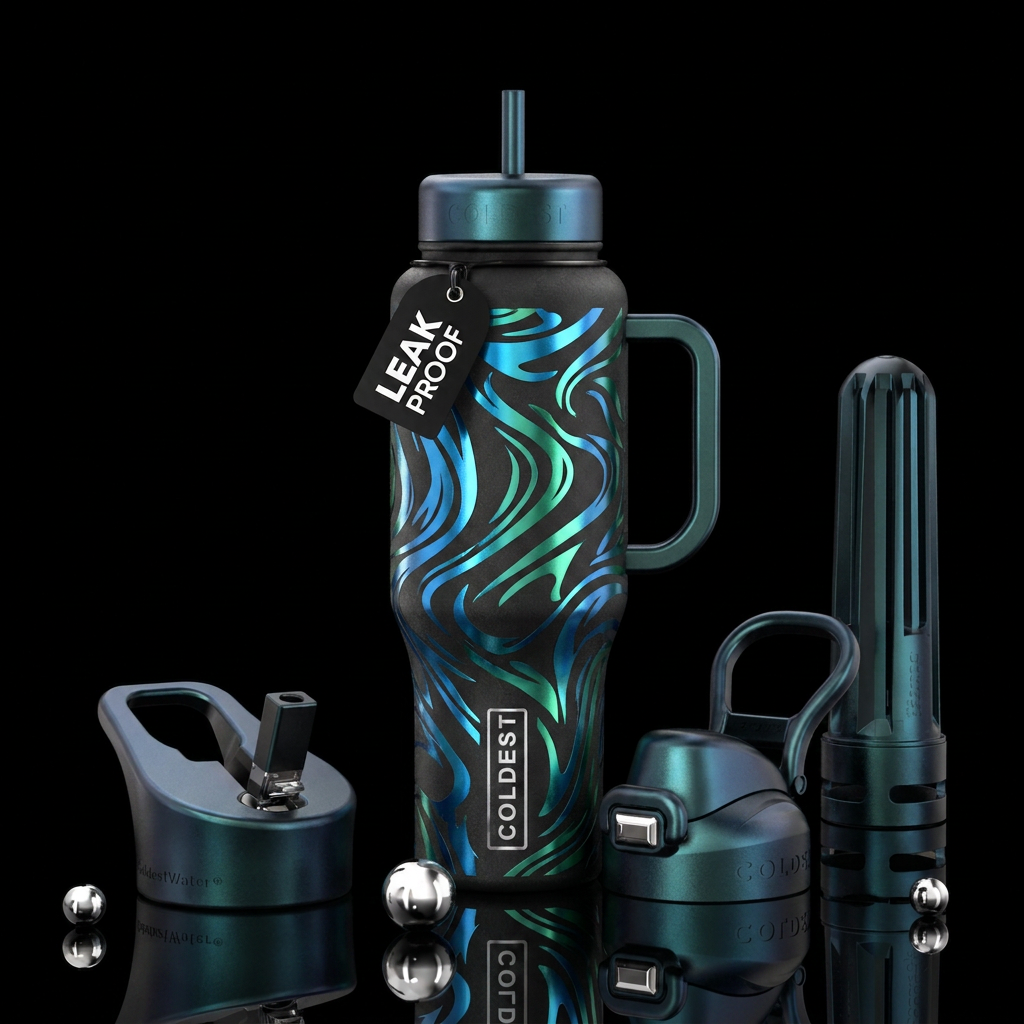 flat black bottle with blue and green metallic abs... water bottle design