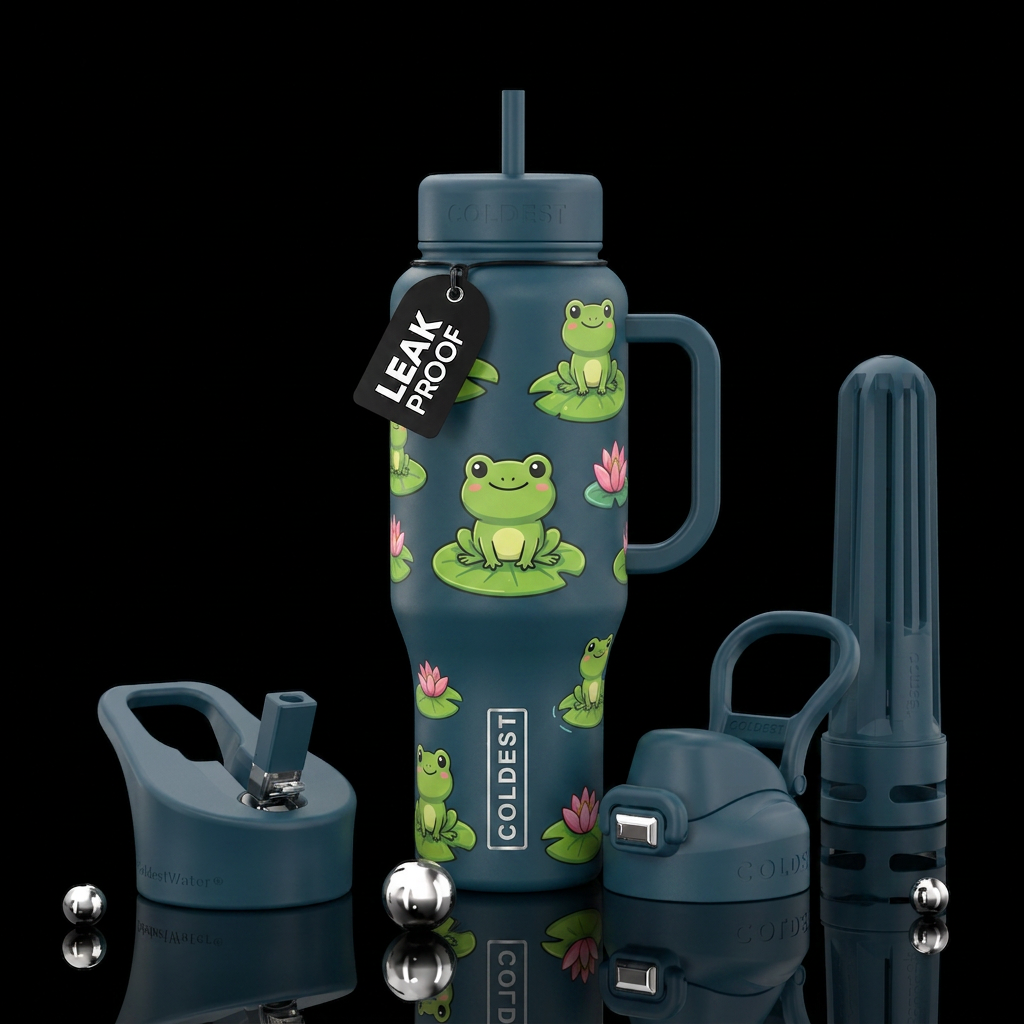 pond color bottle with cartoon frogs on cartoon li... water bottle design