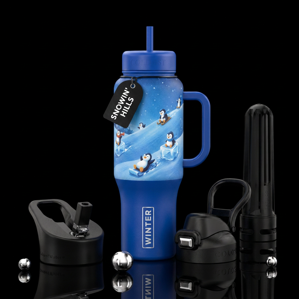 blue snowing hill on bottle with cartoon penguins ... water bottle design