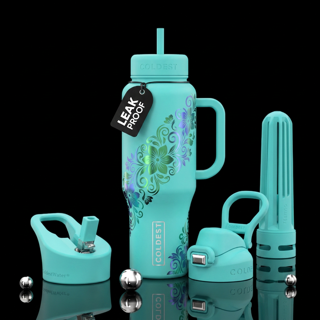 flat turquoise bottle with metallic green and blue... water bottle design