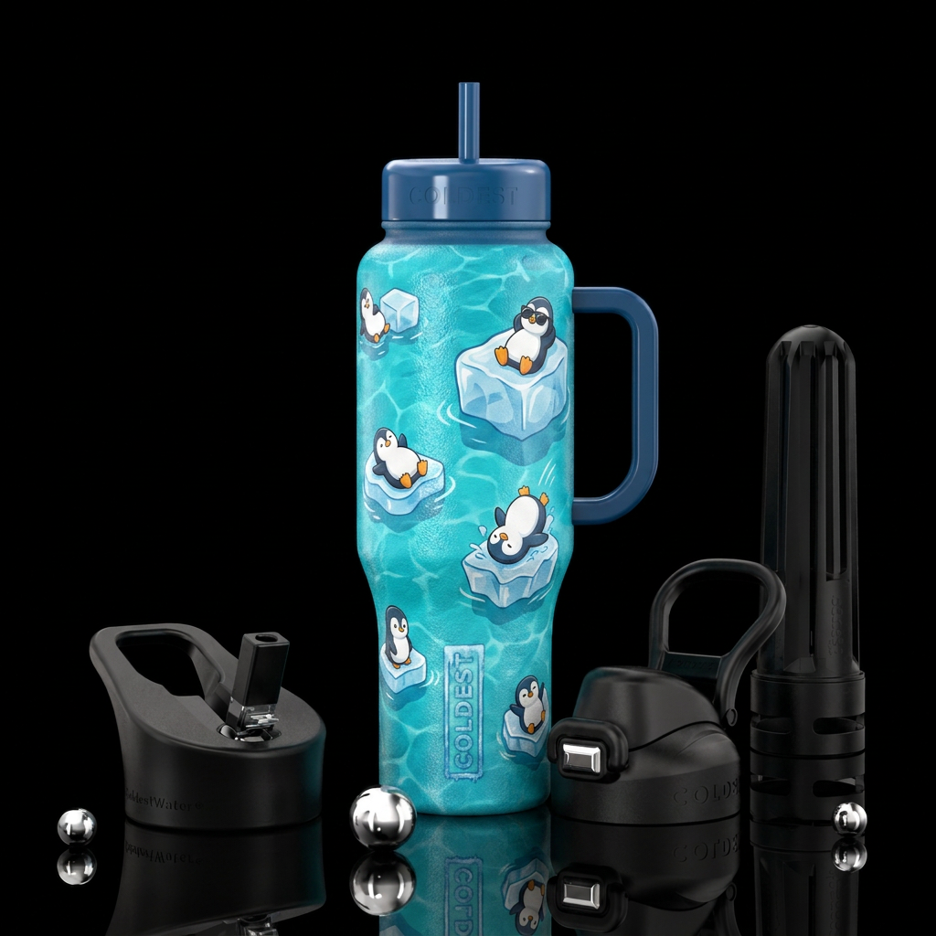 summer pool setting bottle with cartoon penguins i... water bottle design