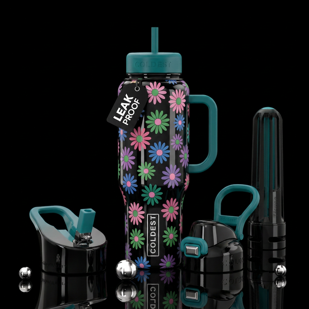 Black glossy bottle with flat pink, green, blue an... water bottle design