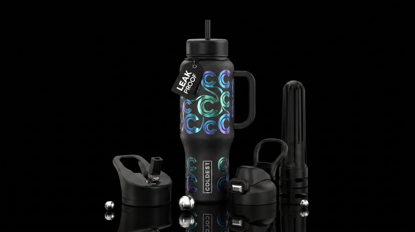 Matte black tumbler with metallic coldest c decal ... water bottle design