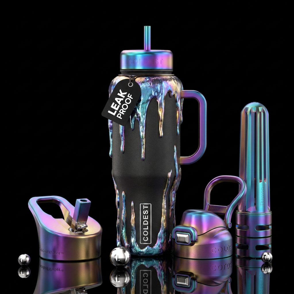 Matte black bottle with metallic ice dripping water bottle design