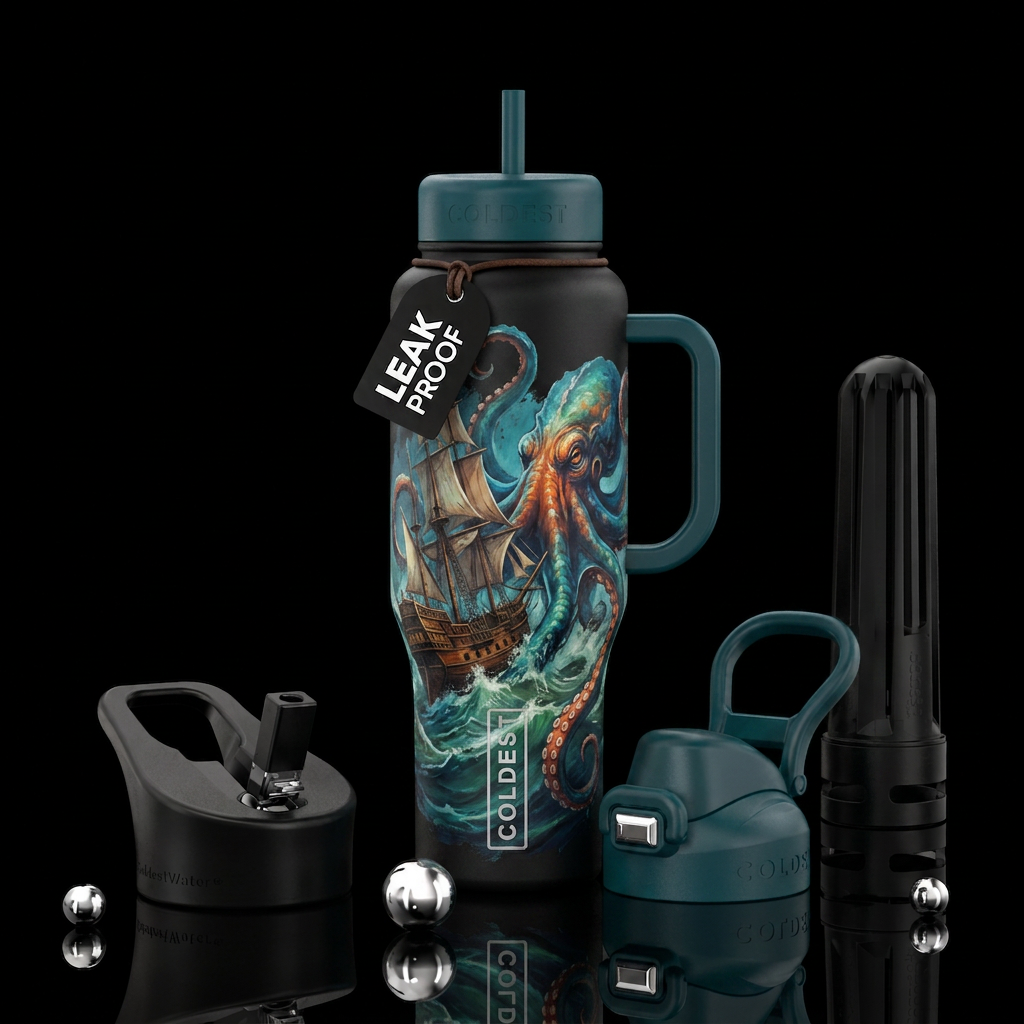 Montfort painting colossal octopus attacking ship water bottle design
