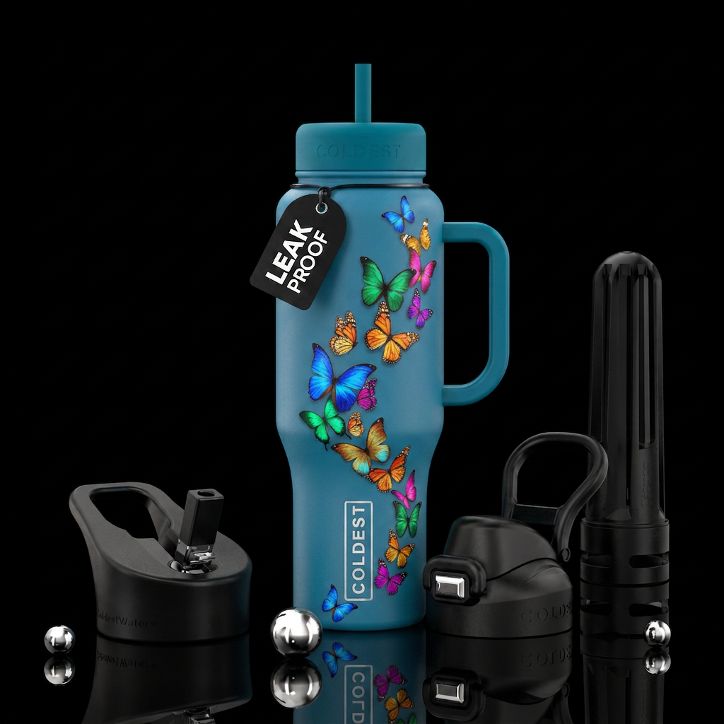 Matte pond blue color bottle with bright colored b... water bottle design
