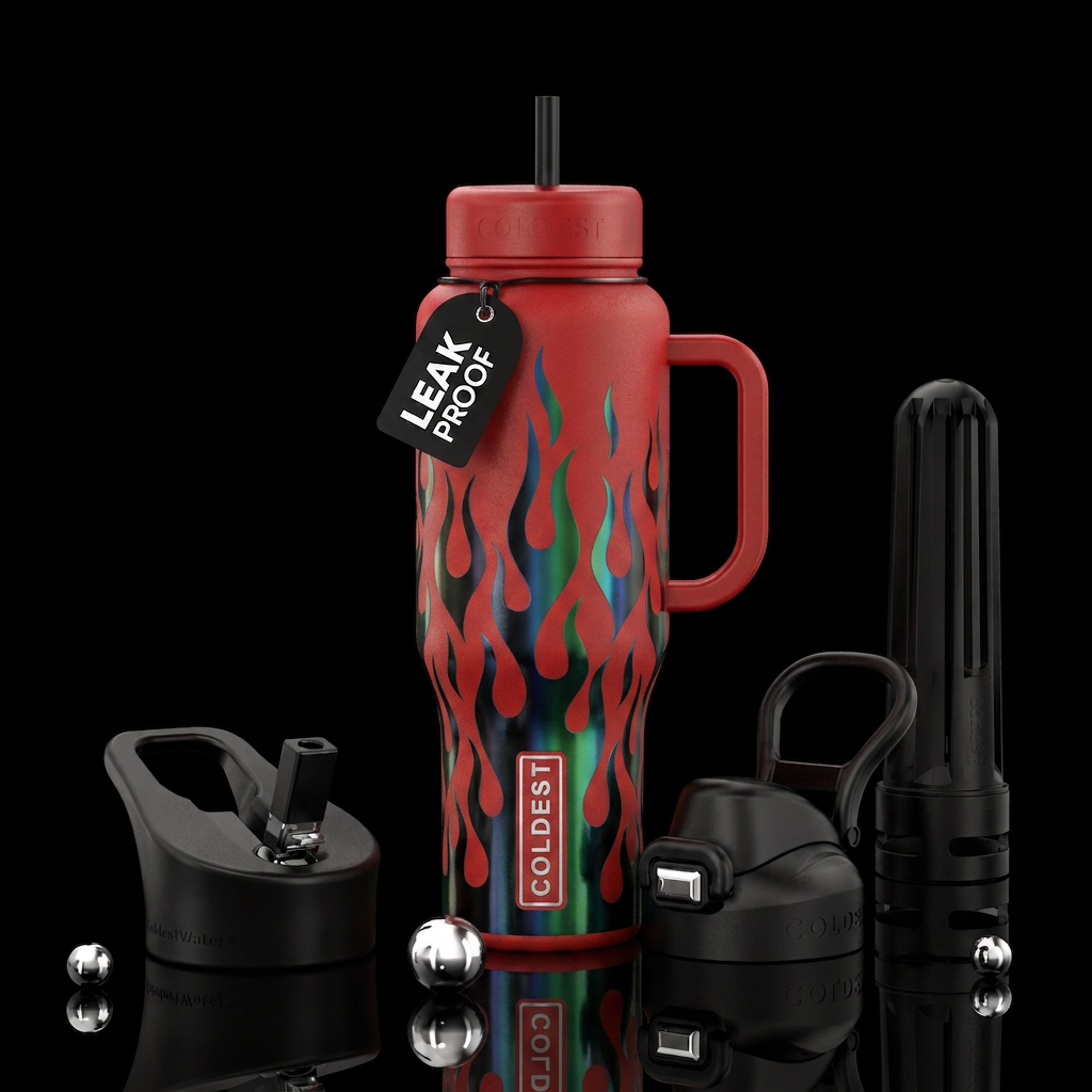 Matte red bottle with iridescent black blue and gr... water bottle design