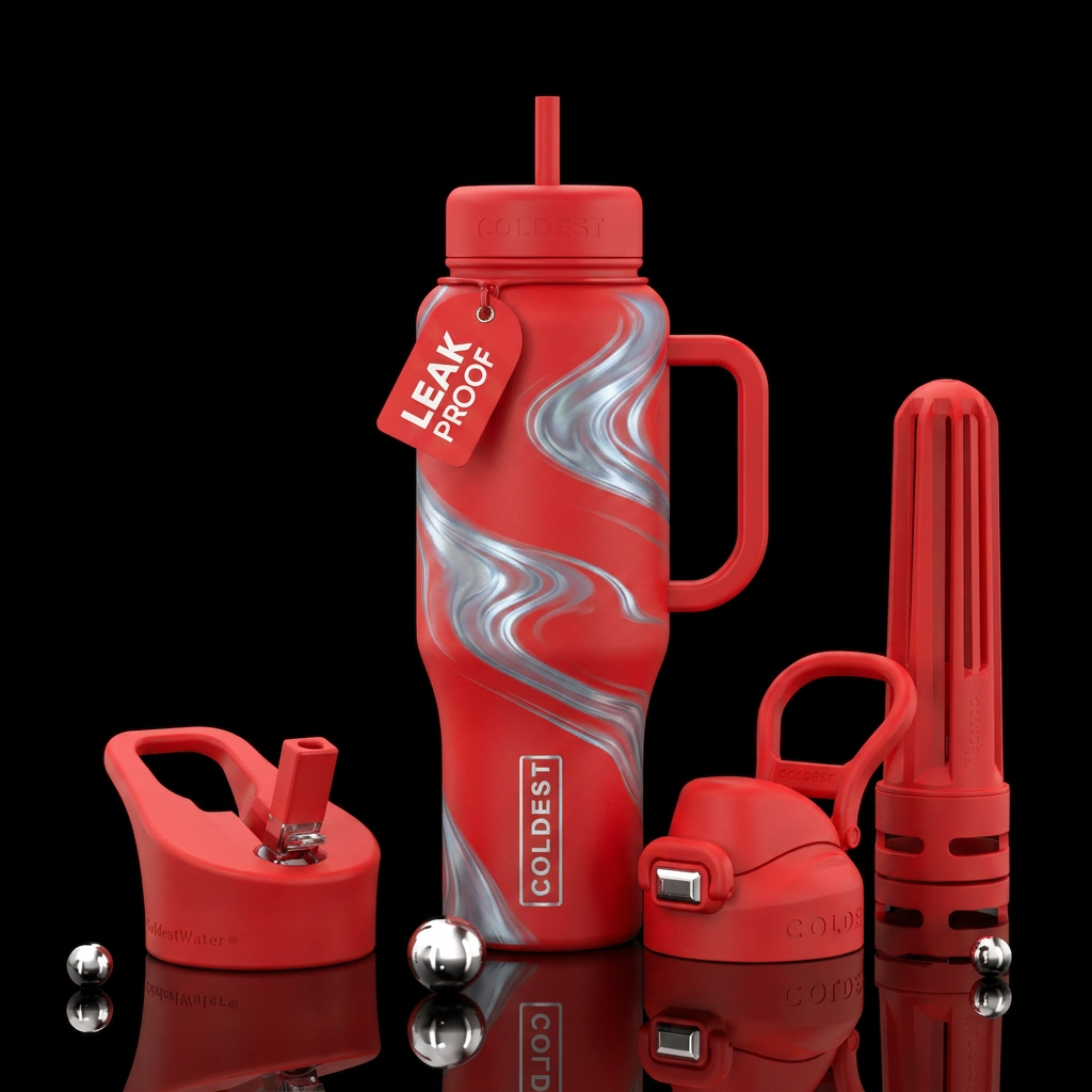 bright red bottle with matte finish, moonlit swirl... water bottle design