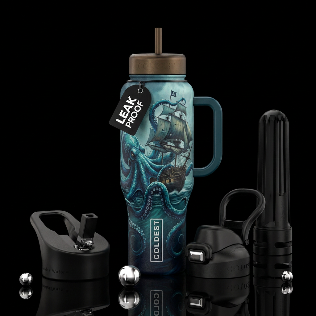 Octopus attacking a pirate ship water bottle design