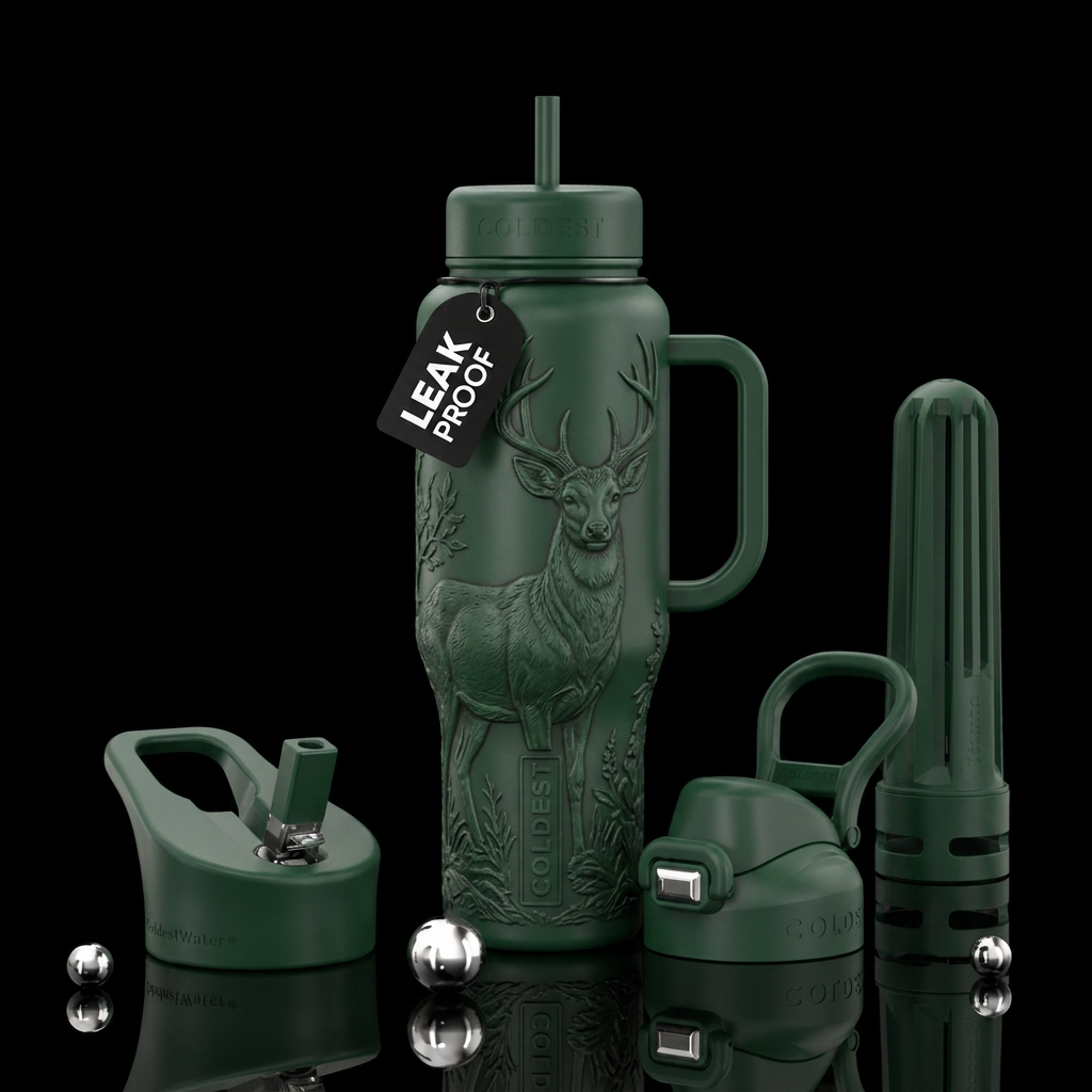 Forest green matte bottle with buck deer water bottle design