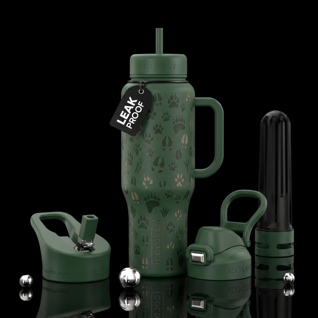Green matte bottle with different forest animal fo... water bottle design