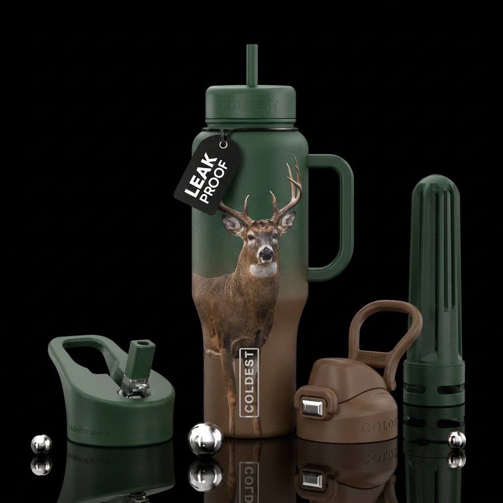 Brown and forest green matte bottle with buck deer water bottle design