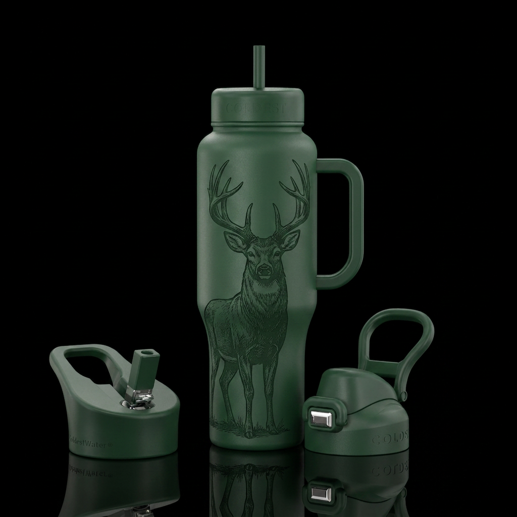 Forest green matte bottle with large buck water bottle design