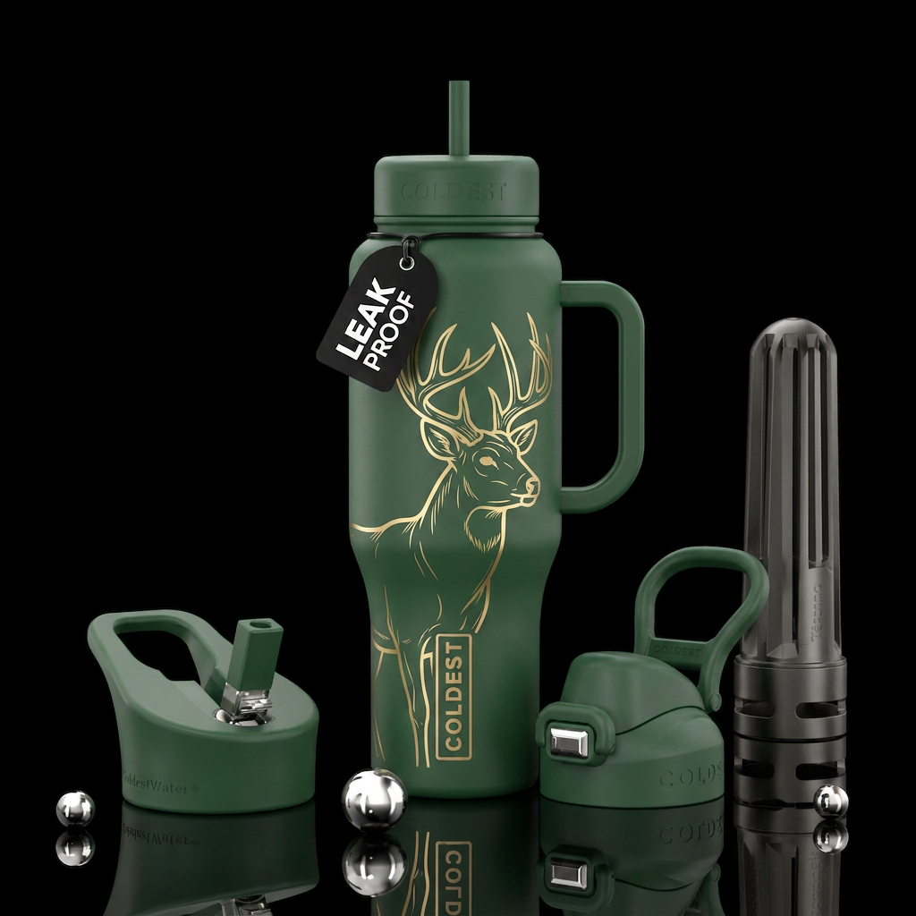 Forest green matte bottle with large buck water bottle design