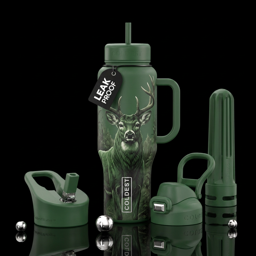 Forest green matte bottle with large buck water bottle design