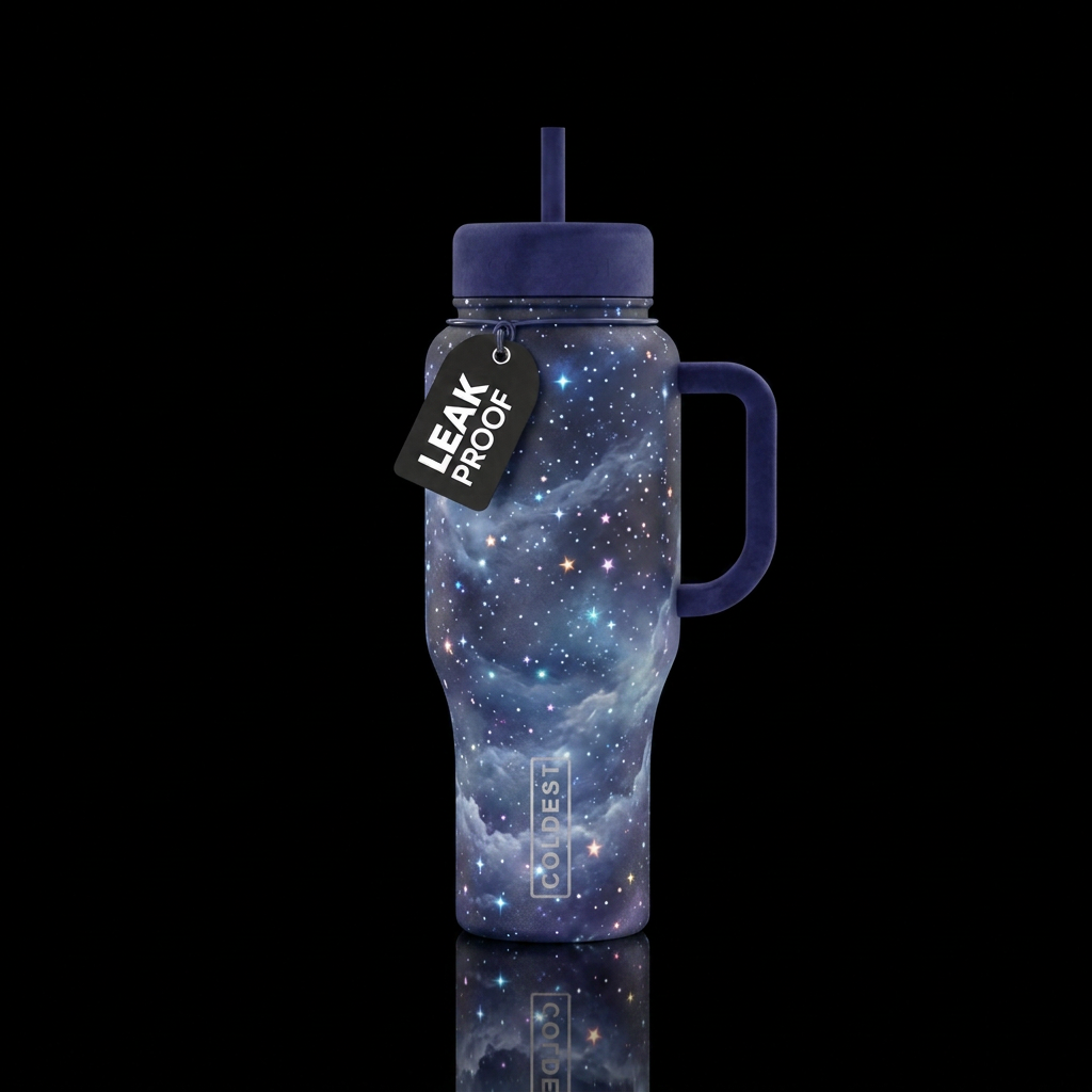 Cloudy night sky with stars shining through water bottle design
