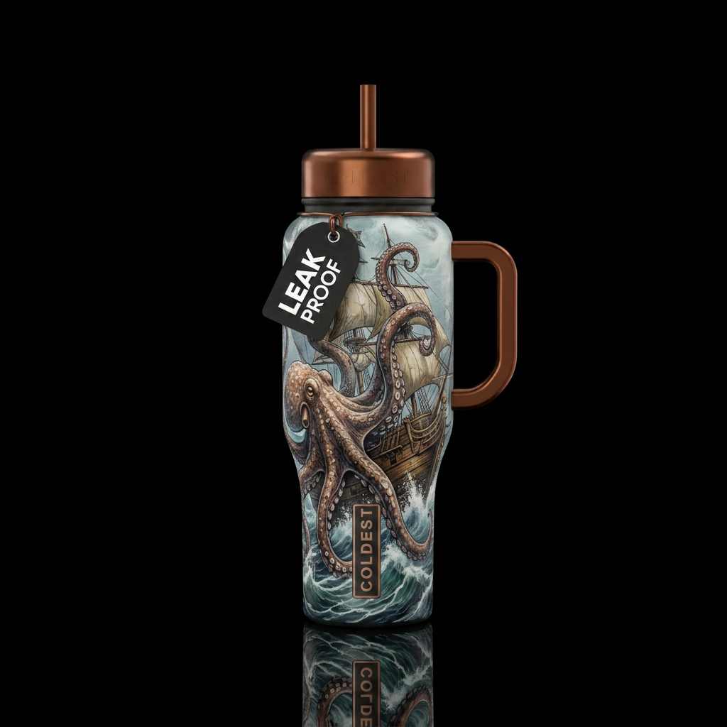 Montfort painting colossal octopus attacking ship water bottle design