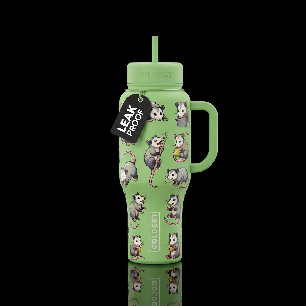 cartoon possums on a light green bottle water bottle design