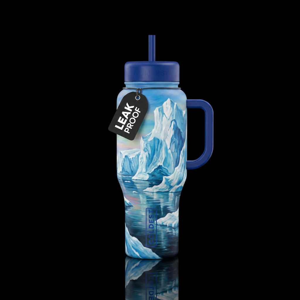 polar ocean scene with glacier painting style water bottle design
