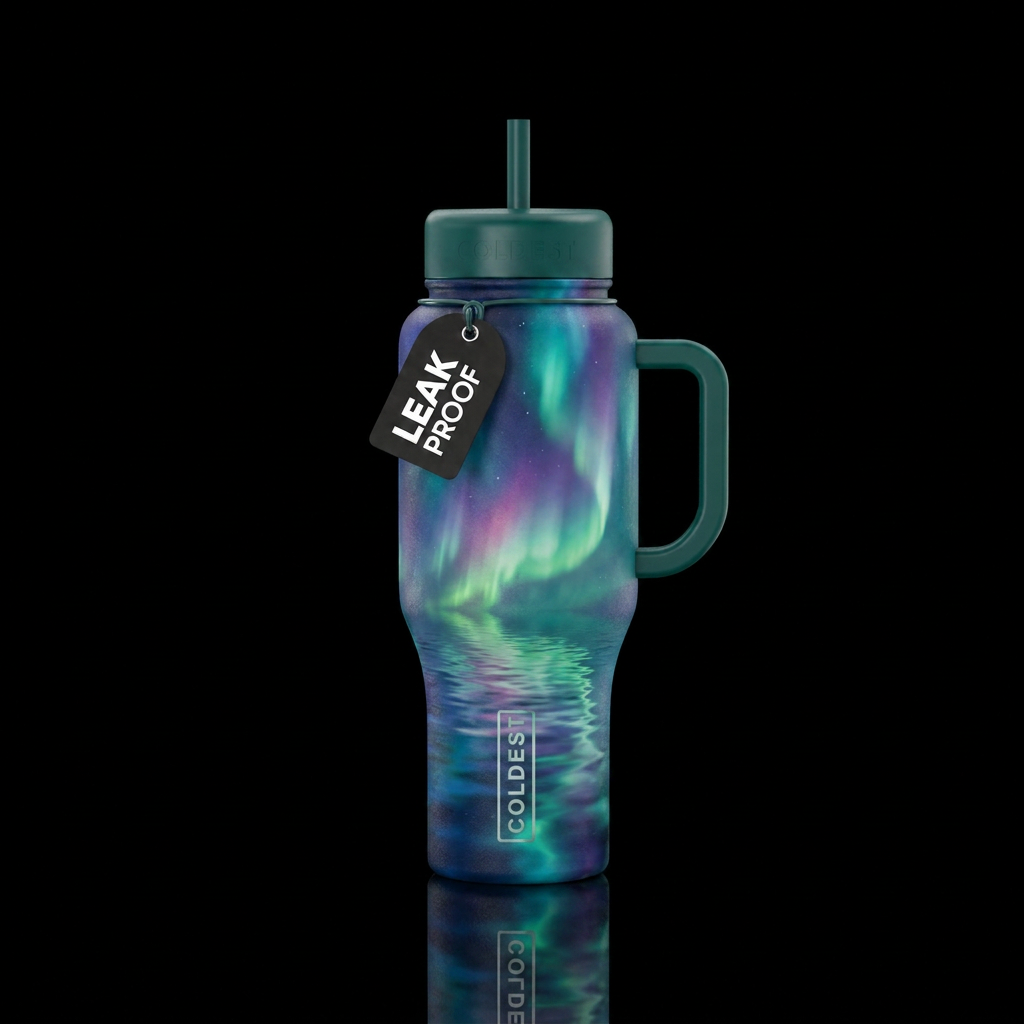 Arora lights reflecting in clear water water bottle design