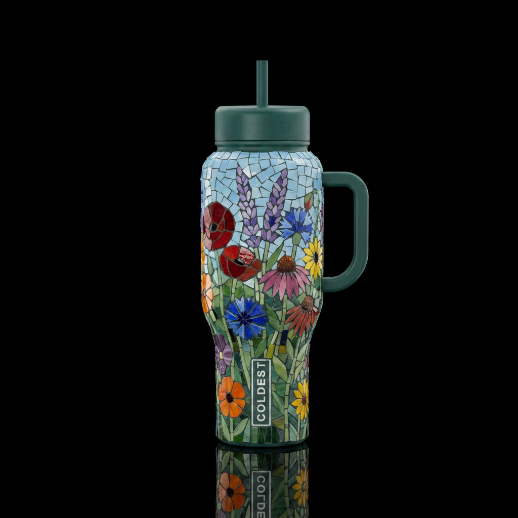 Mosaic wild flowers water bottle design