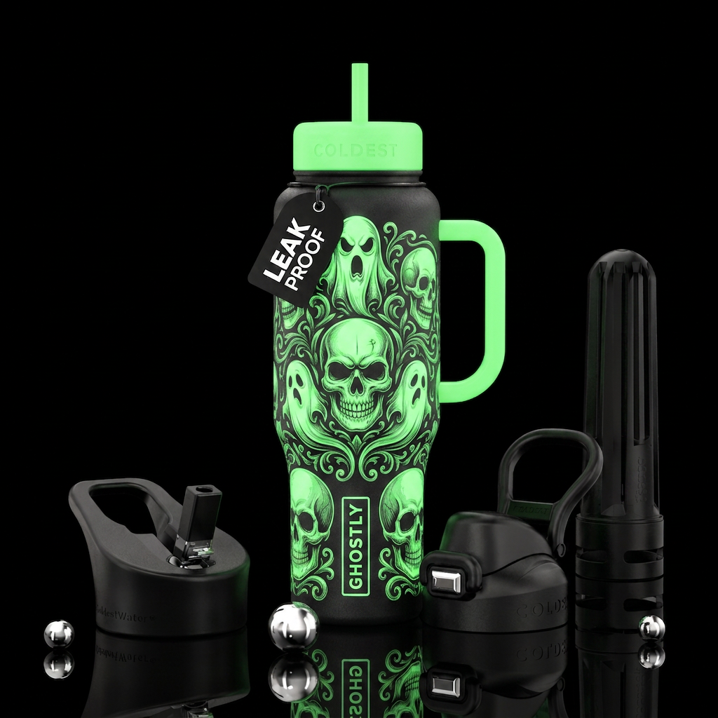 evil ghost, skull, glow water bottle design
