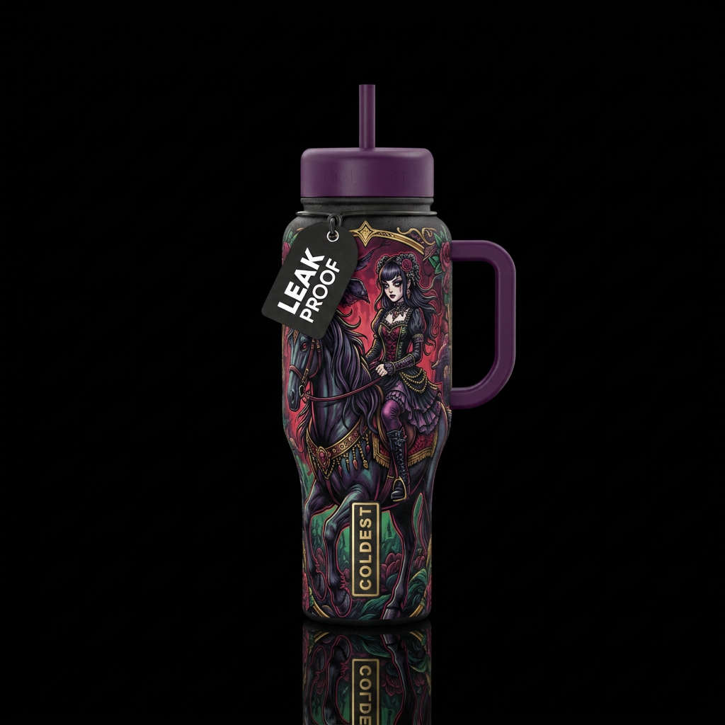 Gothic girl riding a dark horse water bottle design
