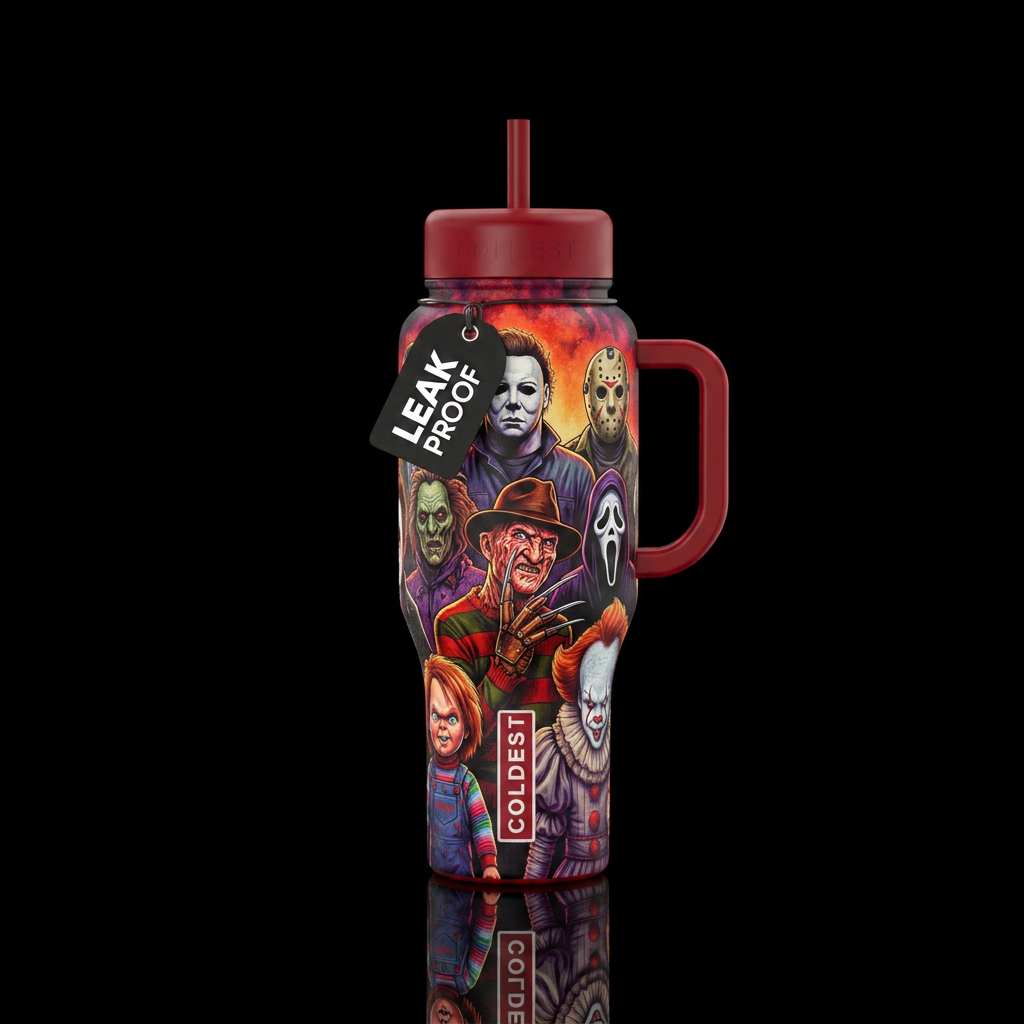 Horror movie characters standing together water bottle design