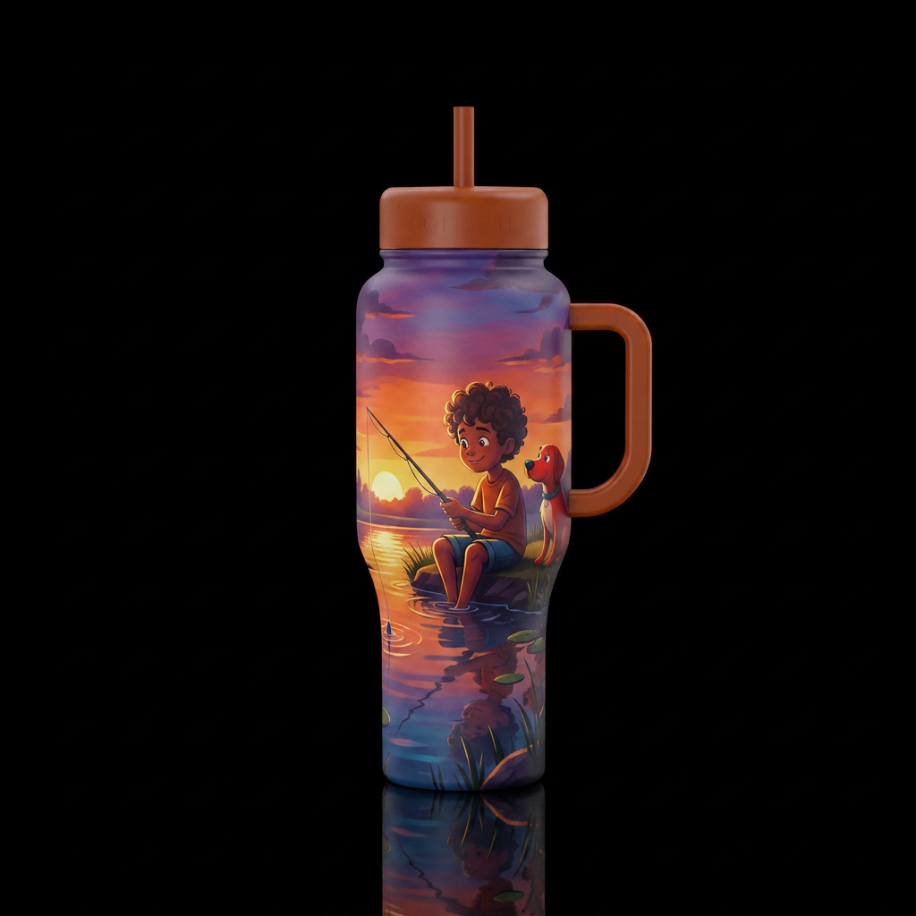 A boy with curly hair sitting by a pond at sunset ... water bottle design