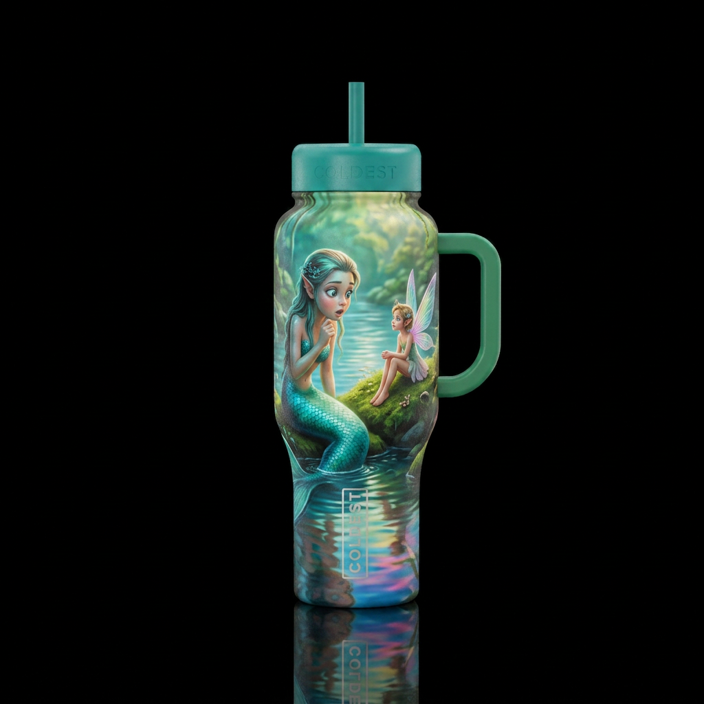 Mermaid on the edge of a river bank wide eyed look... water bottle design
