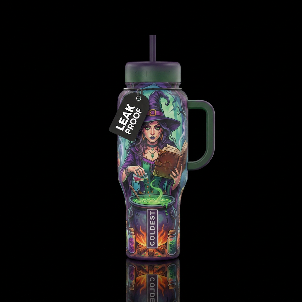 A witch standing in front of a cauldron string whi... water bottle design