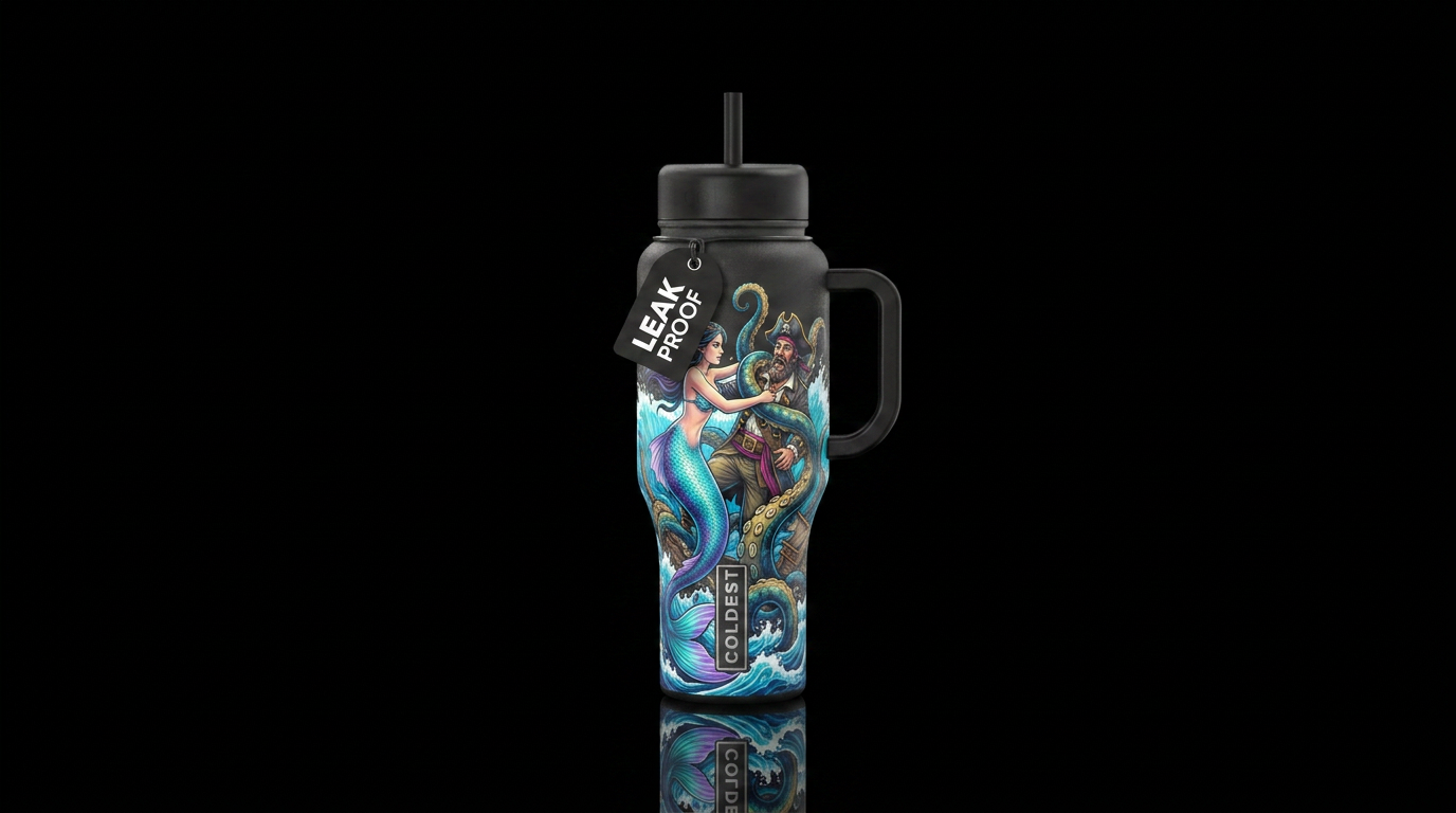Mermaid saving a pirate from the kraken water bottle design