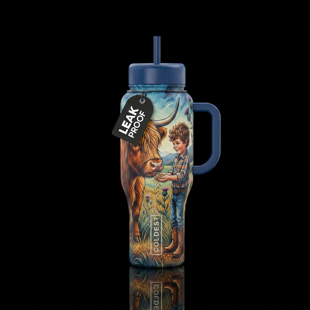 Little boy with curly hair and cowboy boots feedin... water bottle design