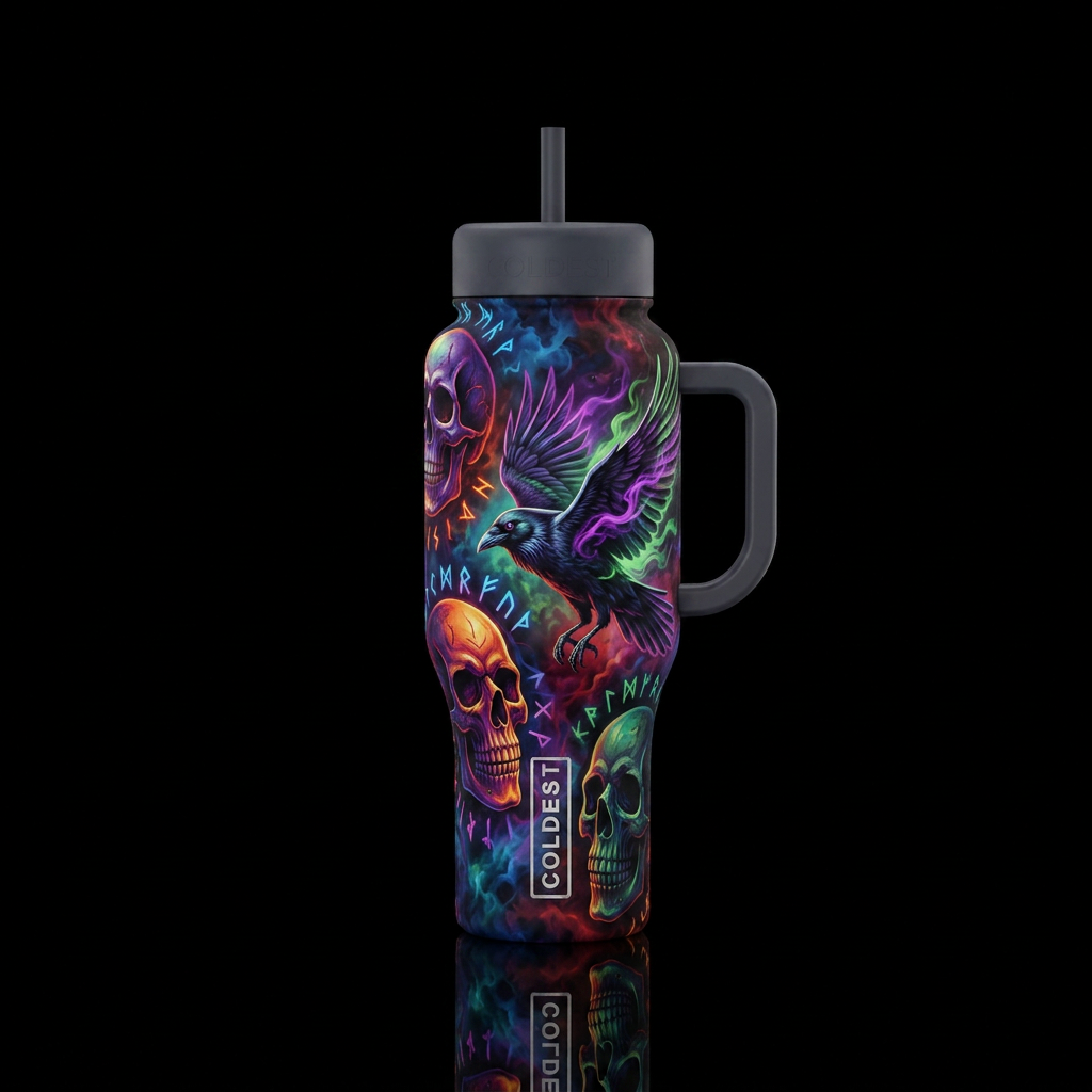 Skulls , runes, and a raven with a smoky back grou... water bottle design