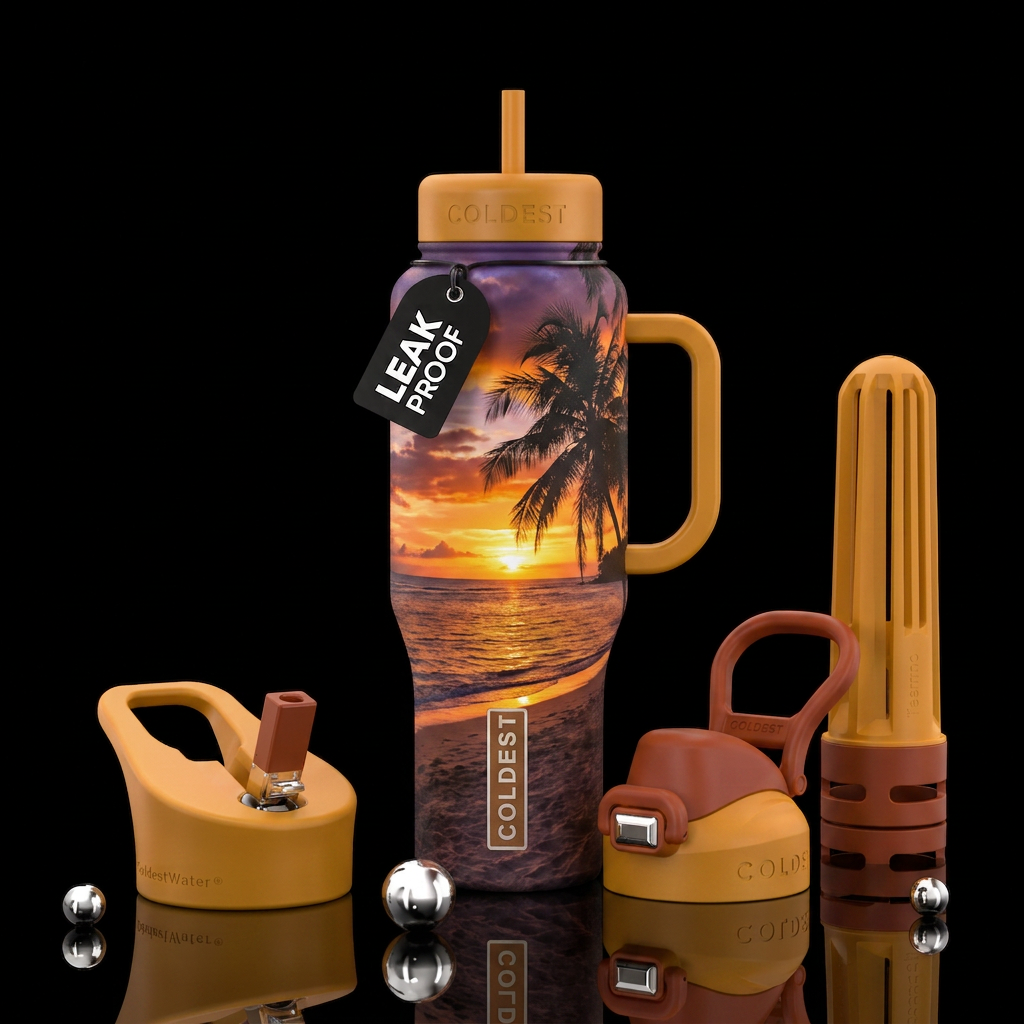 Tropical beach sunset water bottle design