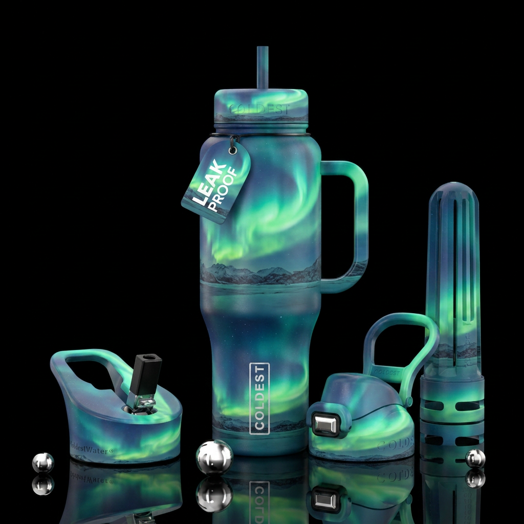 Wintery northern lights water bottle design