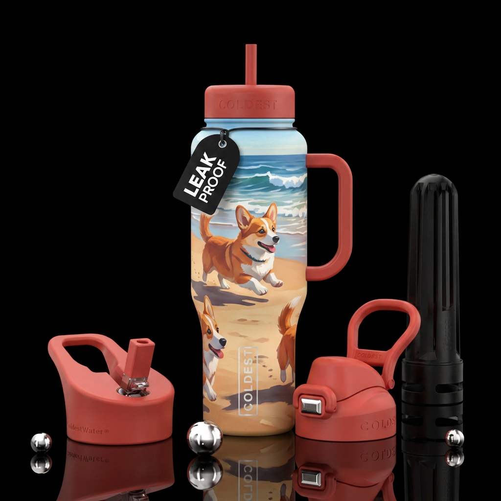 Corgi. Beach play day water bottle design