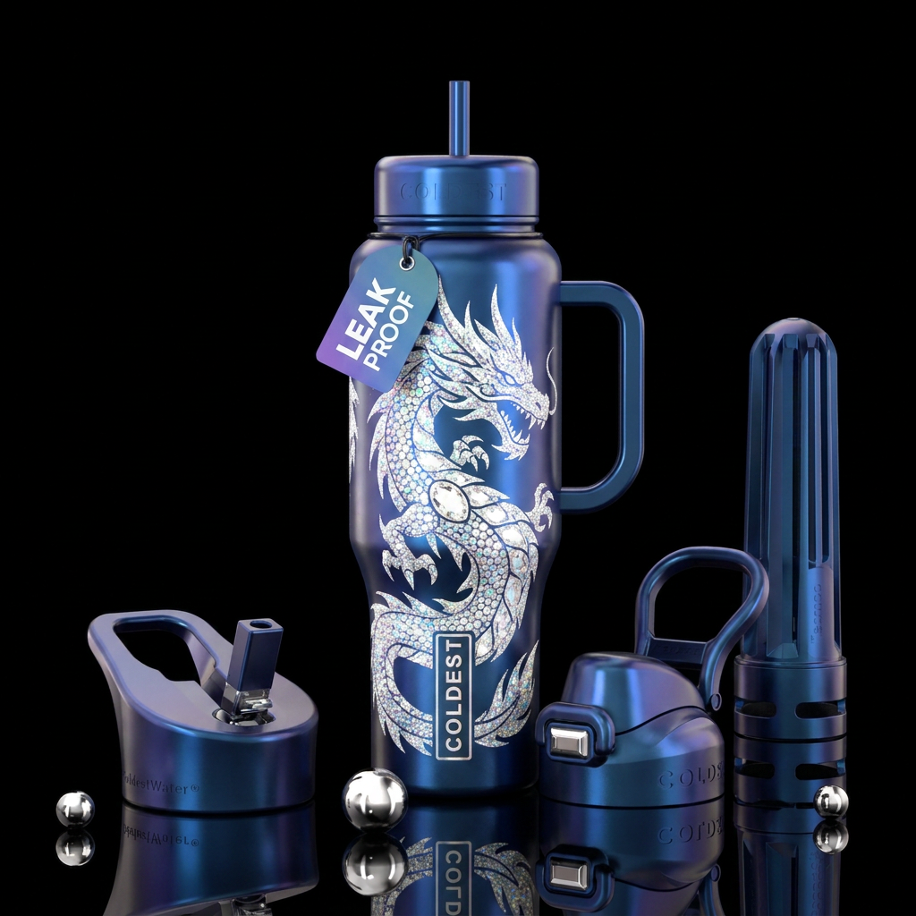 mythical, irridescent, mythical, white dragon, gem... water bottle design